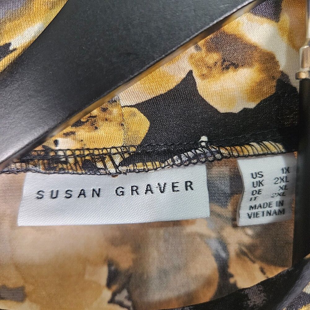 Susan Graver 2XL Floral Top Black Gold Mock Neck Long Sleeve Stretch Knit - Picture 2 of 7